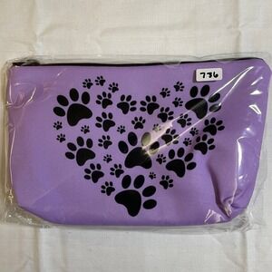 The Pouch Cosmetic Bag Womens OS Purple NWT Heart Paw Print Zipper Travel Pouch